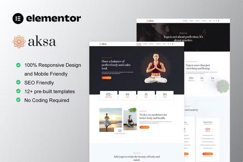Aksa - Yoga Teacher & Studio Elementor Template Kit product preview