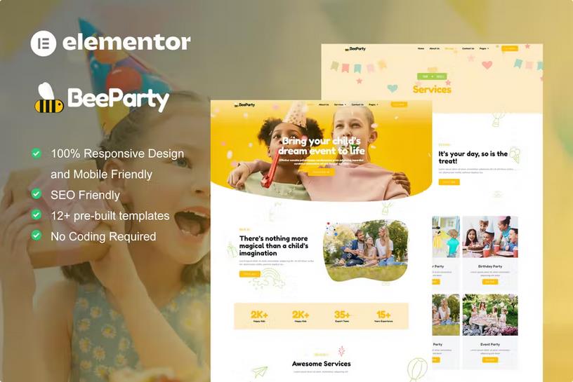 Product preview supplied for BeeParty - Kids Party Planner Elementor Template Kit