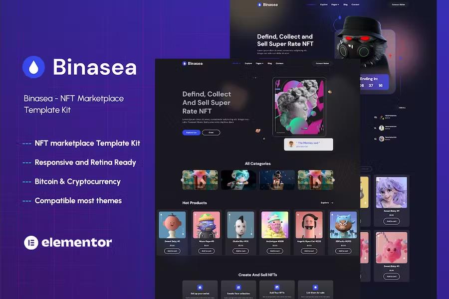 Binasea - NFT Marketplace Elementor Template Kit listing image