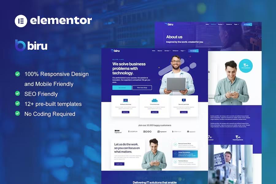 Biru - IT Services Elementor Pro Full Site Template Kit product preview