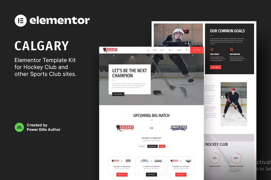 Product preview supplied for Calgary – Hockey Team & Sports Club Elementor Template Kit