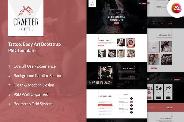 Product preview supplied for Crafter - Tattoo Bootstrap Landing Page Template