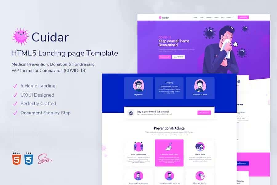 Cuidar - Coronavirus Medical Prevention, Donation & Fundraising HTML Template product preview