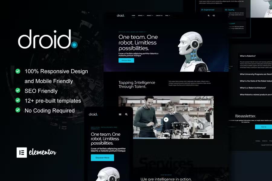 Product preview supplied for Droid - Robotics & Technology Services Elementor Template Kit