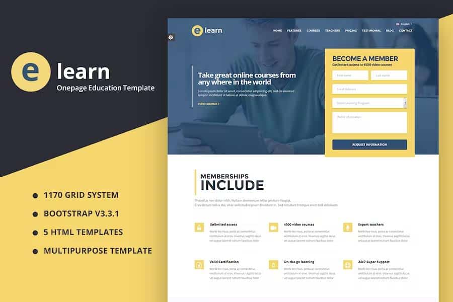 e-Learn - Onepage Bootstrap Education HTML listing image