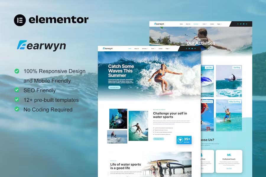 Product preview supplied for Earwyn - Water Sports & Surfing Elementor Pro Template Kit
