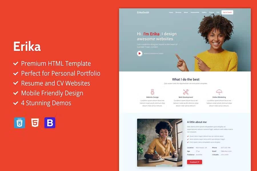 Erika - HTML Template For Online Portfolio, CV And Resume Websites