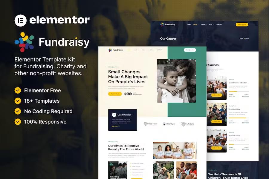 Product preview supplied for Fundraisy – Charity & Fundraising Elementor Template Kit
