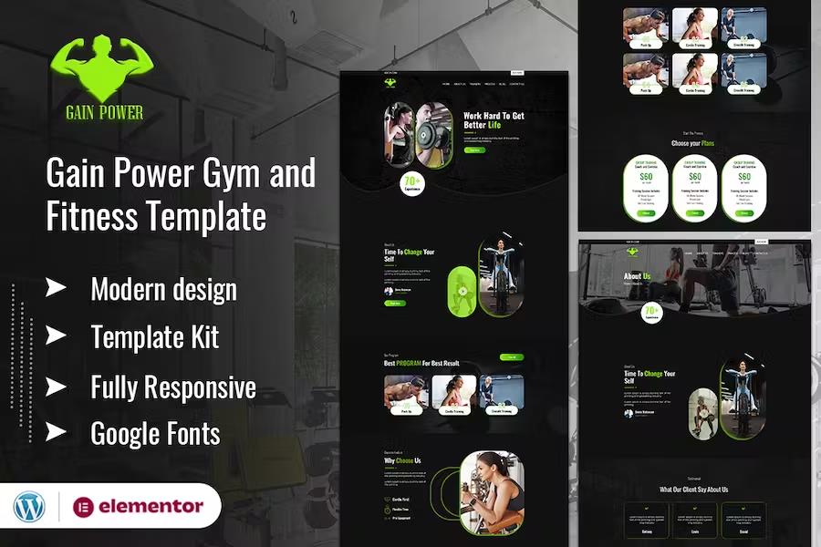 Product preview supplied for GAIN POWER - Gym & Fitness Elementor Template Kit