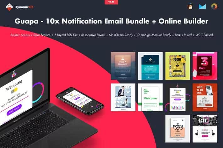 Guapa - Pack of 10 Notification Emails + Online Builder