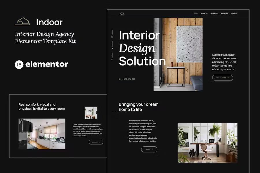Product preview supplied for Indoor - Dark Interior Design & Architecture Agency Elementor Template Kit
