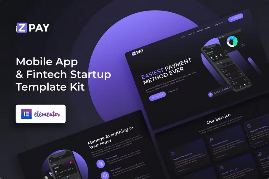 iZPAY - Mobile App & Fintech Startup Elementor Template Kit