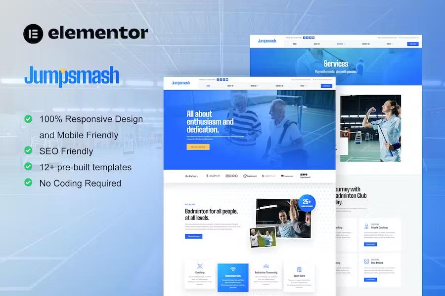 JumpSmash - Badminton Club & Sport Community Elementor Template Kit listing image