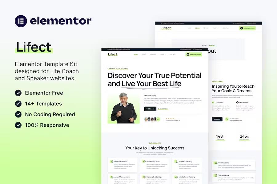 Lifect – Life Coach & Speaker Elementor Template Kit listing image