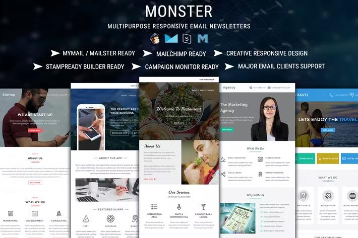MONSTER - Multipurpose Responsive Email Pack with online Stampready & Mailchimp Builders Access