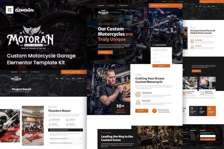Product preview supplied for Motoran - Custom Motorcycle Garage Service Elementor Template Kit