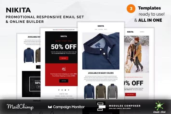 Nikita - Promotional Email Templates Set with Online Builder