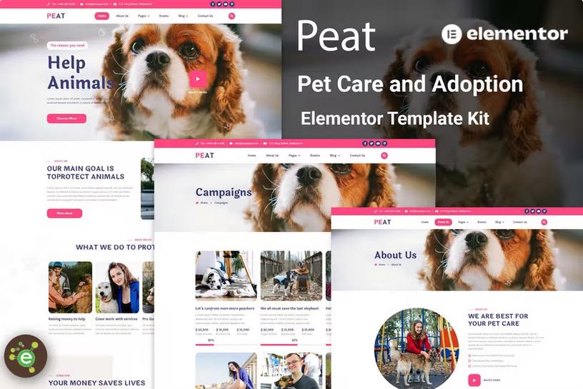 Peat - Pet Care & Adoption Elementor Template Kit product preview