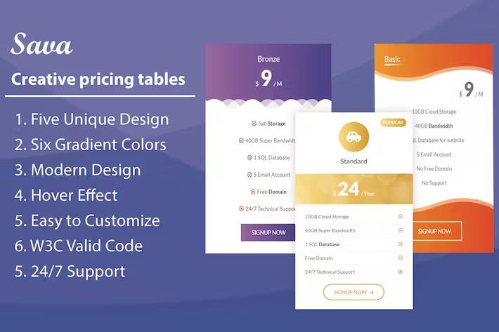 Preview image for Sava - HTML Pricing Tables and Plans