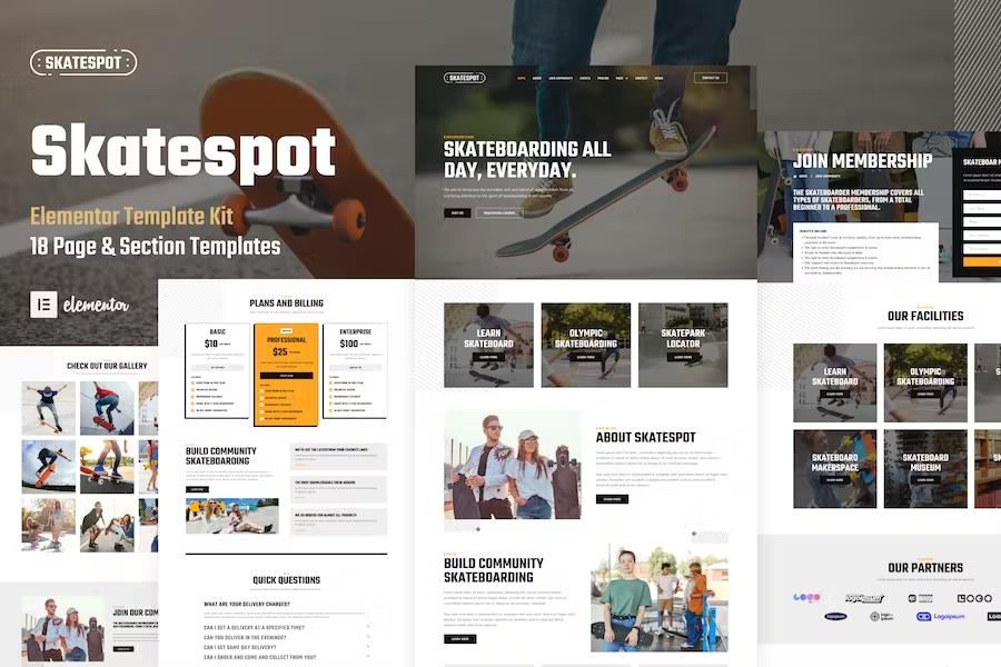 Skatespot - Skateboard Community & Skate Park Elementor Pro Template Kit product preview
