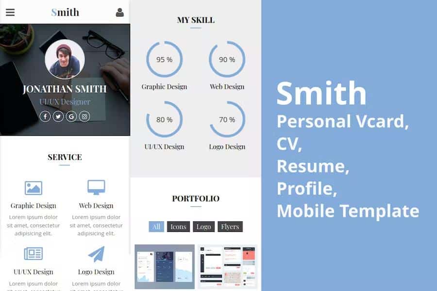 Smith - Personal vCard, CV, Resume, Profile Mobile Template