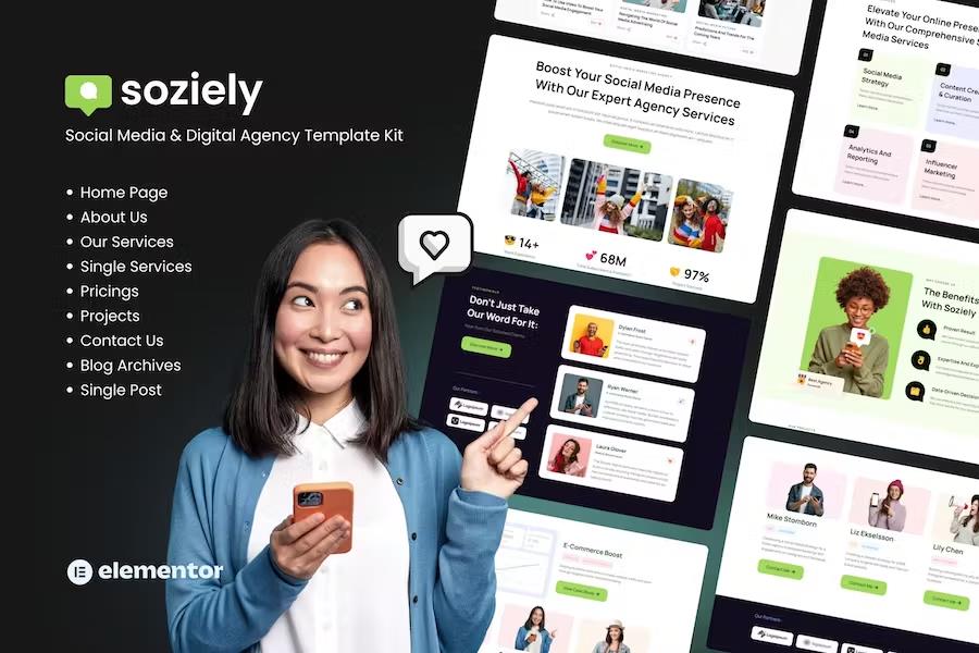 Product preview supplied for Soziely - Social Media & Digital Marketing Agency Elementor Template Kit