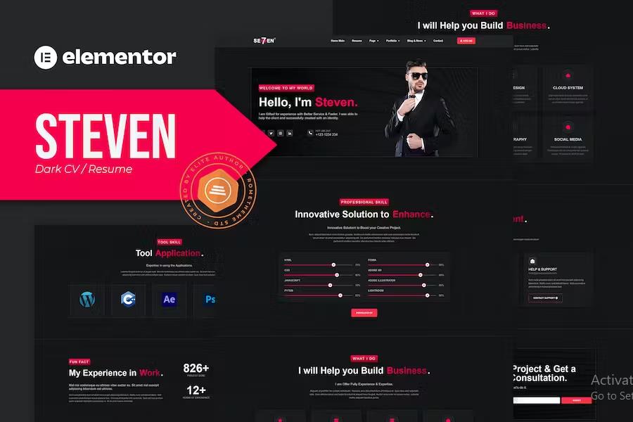Product preview supplied for Steven - Dark CV Portfolio Resume Elementor Template Kit