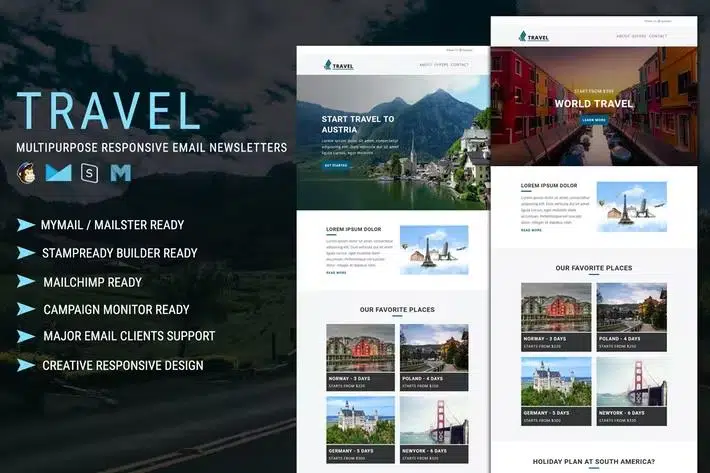 Travel - Multipurpose Responsive Email Template with Online StampReady & Mailchimp Builders