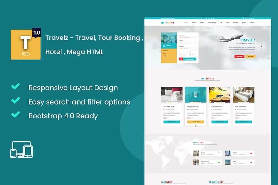 Travelz - Travel, Tour Booking ,  Hotel , Mega  HTML5 Template