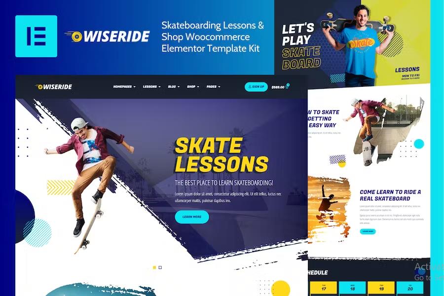 Product preview supplied for WiseRide - Skateboarding Lessons & Shop Woocommerce Elementor Template Kit