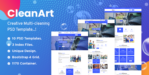 Product preview supplied for Cleanart - Housekeeping, Washing & Cleaning Company PSD Template