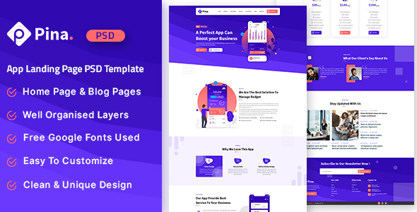 Pina - App Landing Page PSD Template