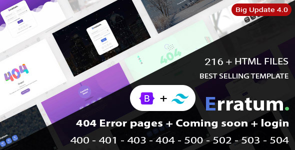 Product preview supplied for Erratum - 404 Error pages + Coming soon + Login + Signup