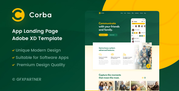 Preview image for Corba – App Landing Page Adobe XD Template
