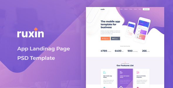 Ruxin - App Landing Page PSD Template