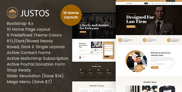 Product preview supplied for Justos - Attorney, Lawyer HTML Template