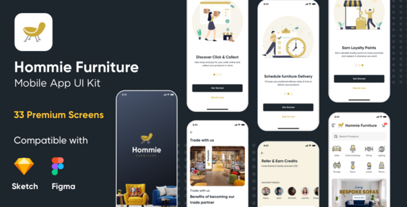 Hommie Furniture Sketch and Figma Mobile App UI Kit