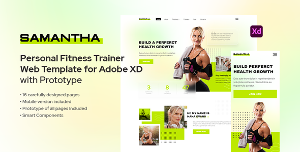 Preview image for Samantha - Personal Fitness Trainer Template for Adobe XD