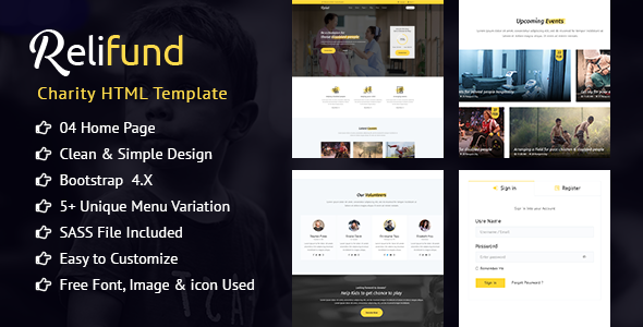 Product preview supplied for ReliFund - NonProfit Fundraising Charity HTML Template