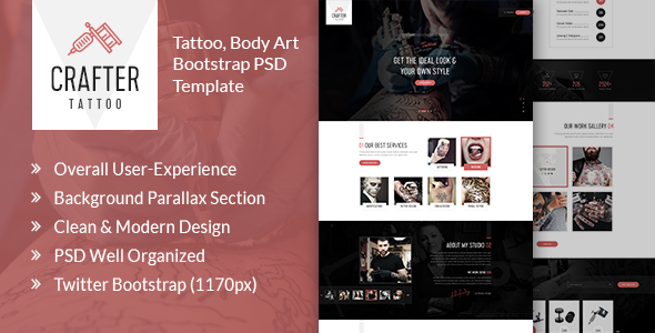 Crafter Tattoo - Body Art Bootstrap PSD Template listing image