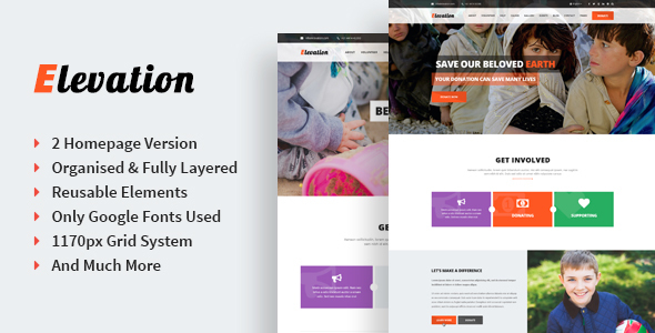 Elevation - Singe Page Nonprofit & Charity PSD Template