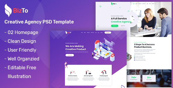 Product preview supplied for BizTo - One Page Creative Agency PSD Template