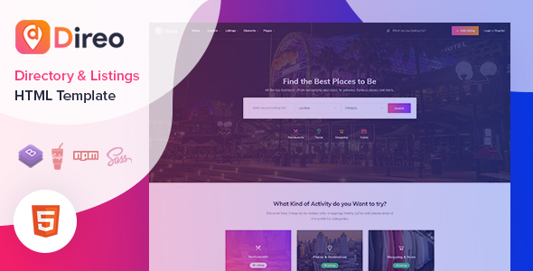 Product preview supplied for Direo - Responsive Directory HTML Template | Bootstrap 4 | Dark Mode | PWA Ready | Mobile-First