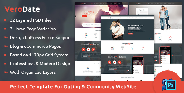 VeroDate - Dating Social Network Website PSD Template