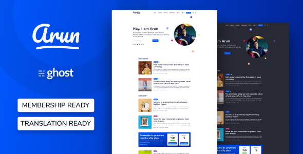 Product preview supplied for Arun - Personal Blog And Newsletter Ghost Theme