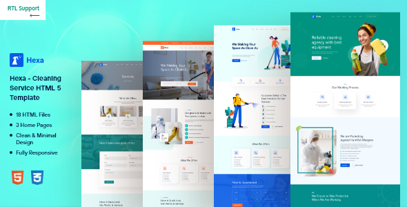 Product preview supplied for Hexa – Cleaning company HTML Template