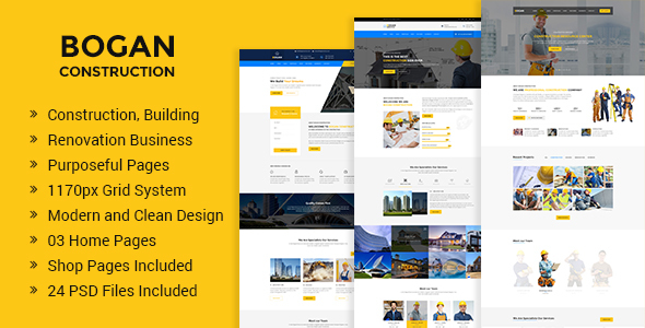 Bogan - Construction Building and Renovation Business PSD Template