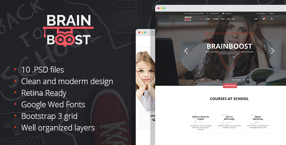 Product preview supplied for BrainBoost – Education, School & Courses PSD Template