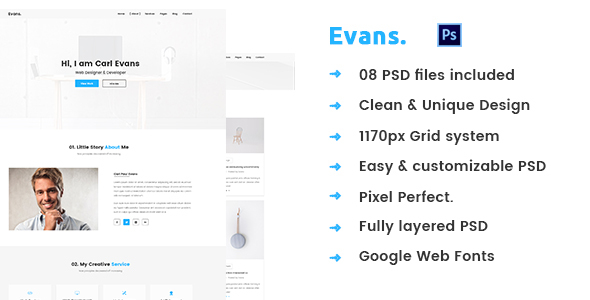 Evans – Minimal Personal Portfolio PSD Template