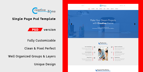 Product preview supplied for Creative Zone - Single Page PSD Template